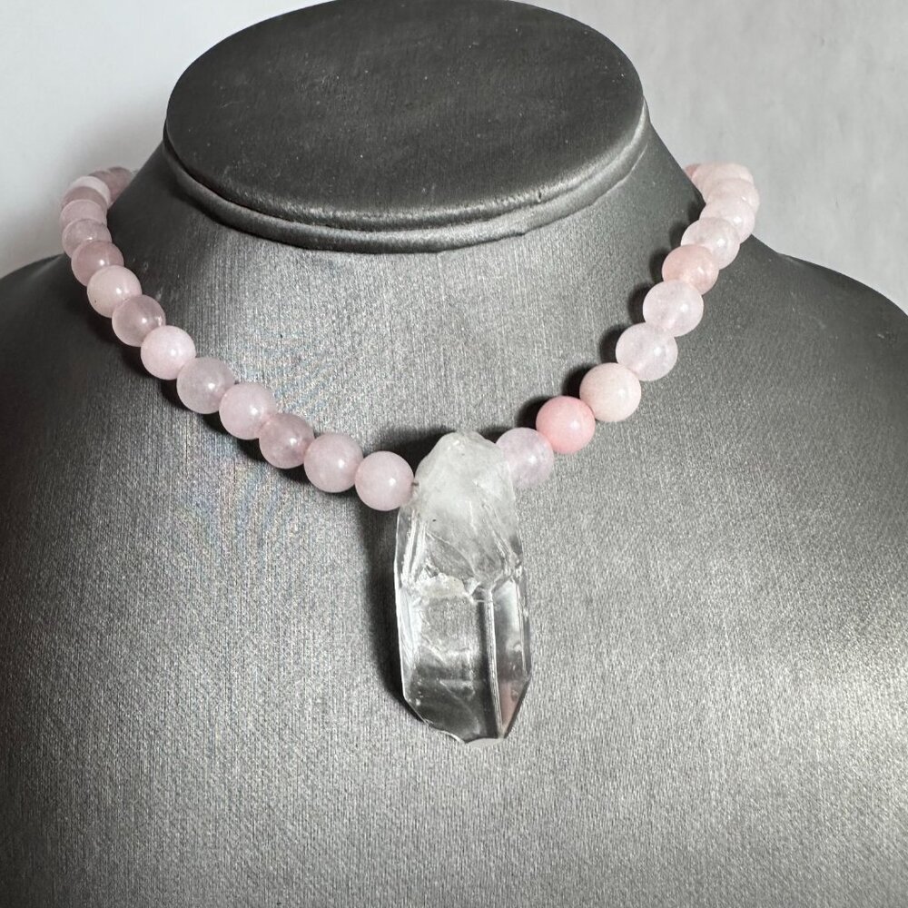 Clear Crystal Quartz Rose Quartz Pendant Necklace Handmade Silver Choker Gift - Picture 2 of 10